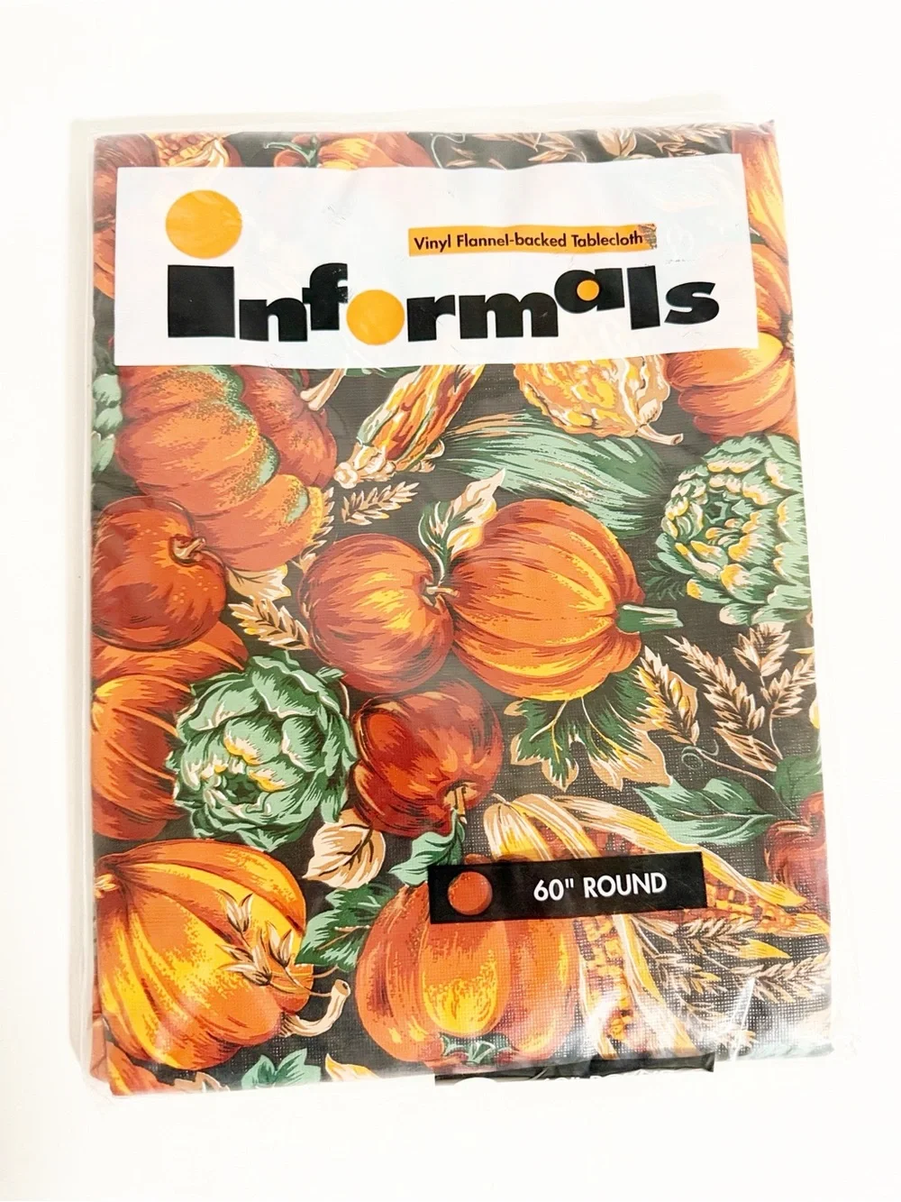 NEW Vintage Informals Pumpkin Harvest 60” Round Vinyl Flannel Backed Tablecloth